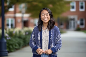 Lifestyle portrait photography of a happy girl in her 30s wearing a chic cardigan against a school campus background. With generative AI technology