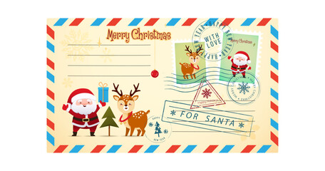 Vintage Christmas envelope with Santa Claus and cute deer. Retro style Christmas card with rubber seal, stamp. Vector illustration in cartoon, retro style