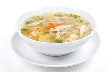 Delicious chicken soup with vegetables in a white plate. Generative ai.