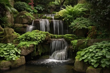 Fototapeta na wymiar Water flows down a waterfall in the garden. Generative ai.