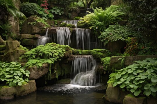 Water flows down a waterfall in the garden. Generative ai.
