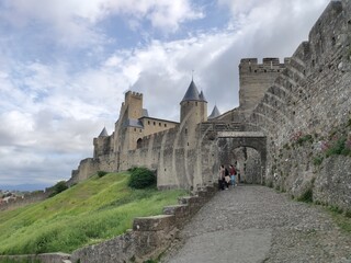 Fototapeta na wymiar Beautiful view of the famous walls of the Citadel of Carcassonne, Occitanie, France.