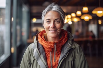 Fototapeta premium Close-up portrait photography of a satisfied mature girl wearing a lightweight windbreaker against a cozy coffee shop background. With generative AI technology