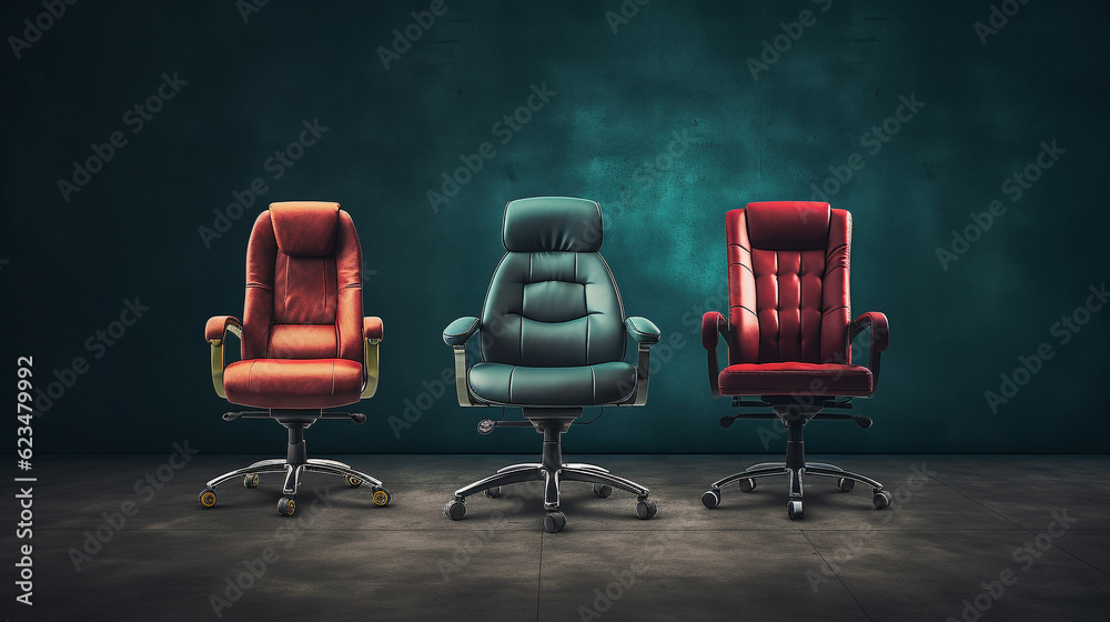 Wall mural luxury arm chairs used by executives are displayed side by side in the exhibition hall with a simple