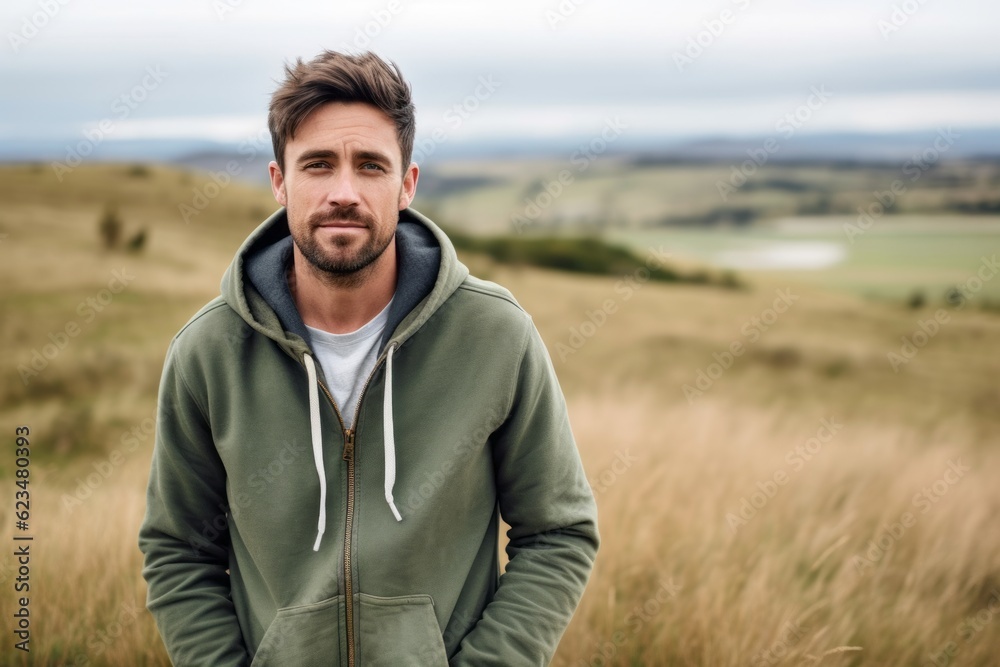 Poster Environmental portrait photography of a glad boy in his 30s wearing a stylish hoodie against a rolling hills background. With generative AI technology