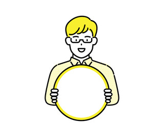 Businessman holding banner card vector illustration, marketing, business concept