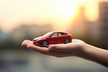 Small red car on the palm of the hand against the background of a blurred city. The concept of property protection and insurance. Generative AI