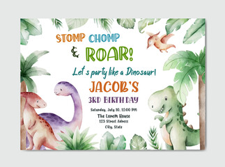 Birthday invitation card with dinosaur theme watercolor background template