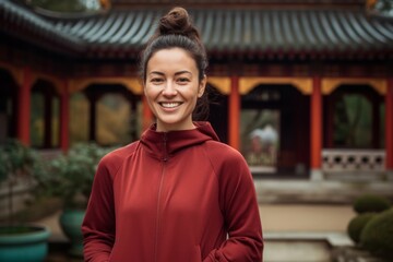 Fototapeta premium Environmental portrait photography of a happy girl in her 30s wearing a comfortable tracksuit against a traditional asian temple background. With generative AI technology