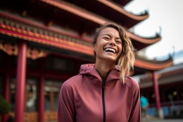 Environmental portrait photography of a happy girl in her 30s wearing a comfortable tracksuit against a traditional asian temple background. With generative AI technology