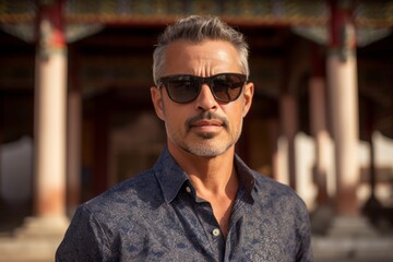 Three-quarter studio portrait photography of a satisfied mature man wearing a trendy sunglasses against a traditional asian temple background. With generative AI technology