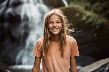 Editorial portrait photography of a glad kid female wearing a casual t-shirt against a majestic waterfall background. With generative AI technology