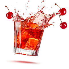 cherry falling into a splashing old fashioned tilted on white background