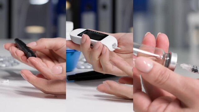 diabetes treatment, a young woman uses medical devices to measure blood sugar levels, draws insulin into a syringe, collage