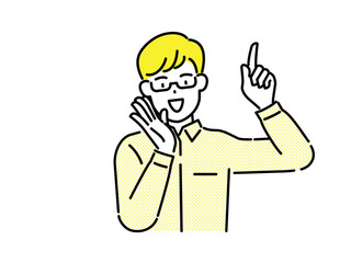 A man pointing a finger upward to explain