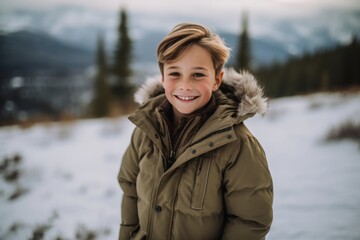 Fototapeta na wymiar Studio portrait photography of a grinning boy in his 30s wearing a cozy winter coat against a national park background. With generative AI technology