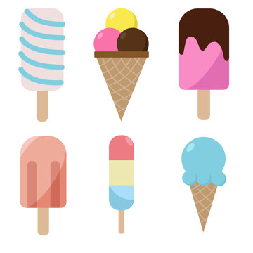 Set of different ice cream. Vector flat design. Summer dessert. Popsicle, waffle cone.