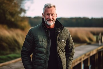 Medium shot portrait photography of a glad mature man wearing a sleek bomber jacket against a wildlife reserve background. With generative AI technology
