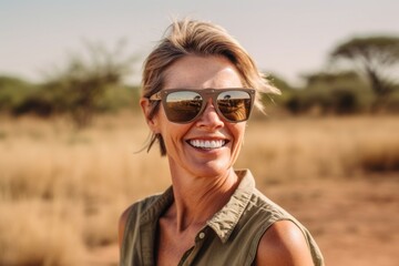 Lifestyle portrait photography of a happy mature woman wearing a daring bikini and trendy sunglasses against a wildlife reserve background. With generative AI technology