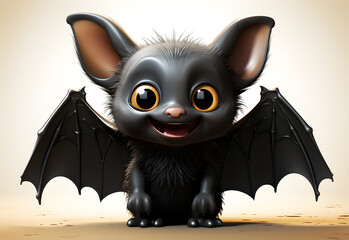 Cute black bat cartoon character sitting on the floor. 3D illustration.