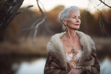 Eclectic portrait photography of a glad mature woman wearing a intimate apparel against a wildlife reserve background. With generative AI technology