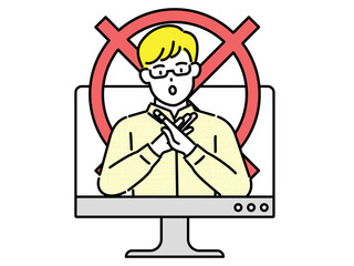 Businessman explains online social marketing concepts in a monitor