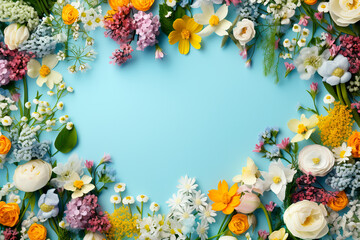 Spring flower frame on blue background.