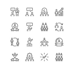 Set of business people related icons, workplace, business communication, team structure, goal, management, achieve and linear variety vectors.