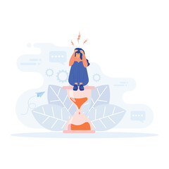Stress in the office, Tired and exasperated business woman is sitting on an hourglass and grabbed his head,  flat vector modern illustration