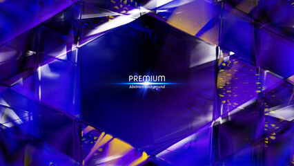 Premium abstract background. Purple glass crystal frame, dark blue and yellow glass geometrical backdrop  