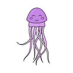 Cute cartoon jellyfish isolated on white background. Children vector illustration in doodle style