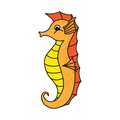 Cute cartoon orange seahorse isolated on white background. Vector children's doodle style illustration hand drawn