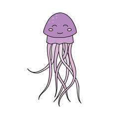 Naklejka premium Cute cartoon jellyfish isolated on white background. Children vector illustration in doodle style