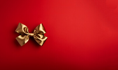 Shiny gold bow and ribbon on Christmas red background, Christmas gift,present,greeting card,holiday concept top view