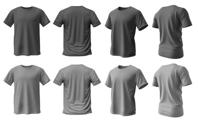 2 Set of dark light grey tee t shirt round neck front, back and side view on transparent background cutout, PNG file. Mockup template for artwork graphic design. 