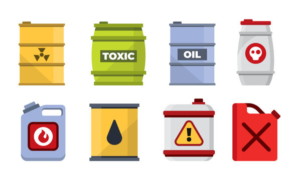chemical substances containers set. metal iron and plastic containers with radioactive wastes, toxic components gas warnings, flammable sign. Vector cartoon containers.