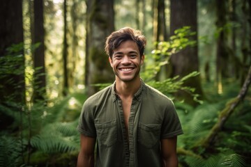 Naklejka na ściany i meble Environmental portrait photography of a joyful boy in his 30s wearing a casual short-sleeve shirt against a moss-covered forest background. With generative AI technology