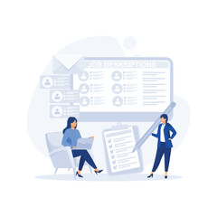 Work Descriptions Concept,  Applicants Searching Job Learning Offers in Internet Resource. flat vector modern illustration 