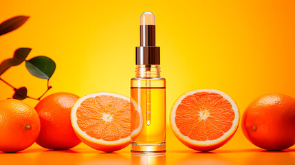 Cosmetic Brown Glass Vial with Dropper and Fresh Juicy Orange Fruit Slice on Orange Background.