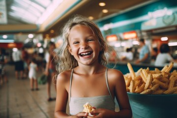 Eclectic portrait photography of a happy kid female wearing a daring bikini against a bustling food court background. With generative AI technology - obrazy, fototapety, plakaty