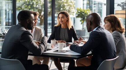 A diverse team of professionals engaged in a productive discussion, reflecting the importance of inclusivity in business Generative AI