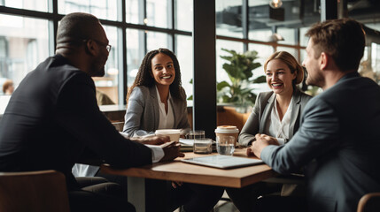 A diverse team of professionals engaged in a productive discussion, reflecting the importance of inclusivity in business Generative AI