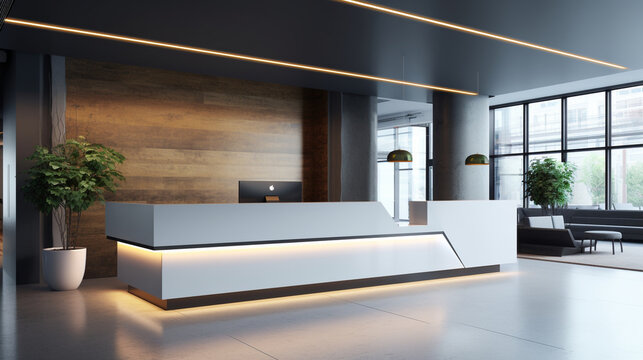 A sleek and modern office reception area, exuding professionalism and a welcoming atmosphere Generative AI