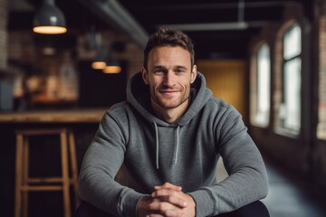 Lifestyle portrait photography of a satisfied boy in his 30s wearing a comfortable hoodie against a spacious loft background. With generative AI technology