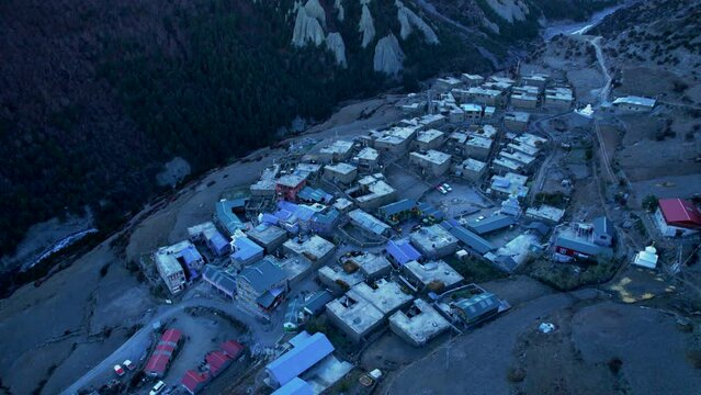 Aerial top down revealing view Khangshar village houses rooftops. Manang district. Tilicho base camp trail. Himalayas mountains. Tourism and Trekking in Himalaya concept.