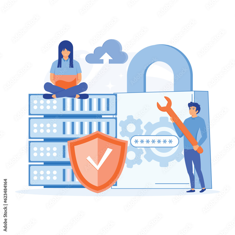 Poster database security hacker attack concept. hackers stealing personal data. flat vector modern illustra