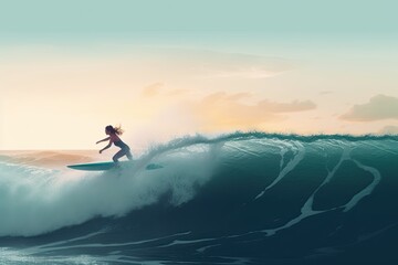 A woman surfer rides the waves. Generative ai. - obrazy, fototapety, plakaty