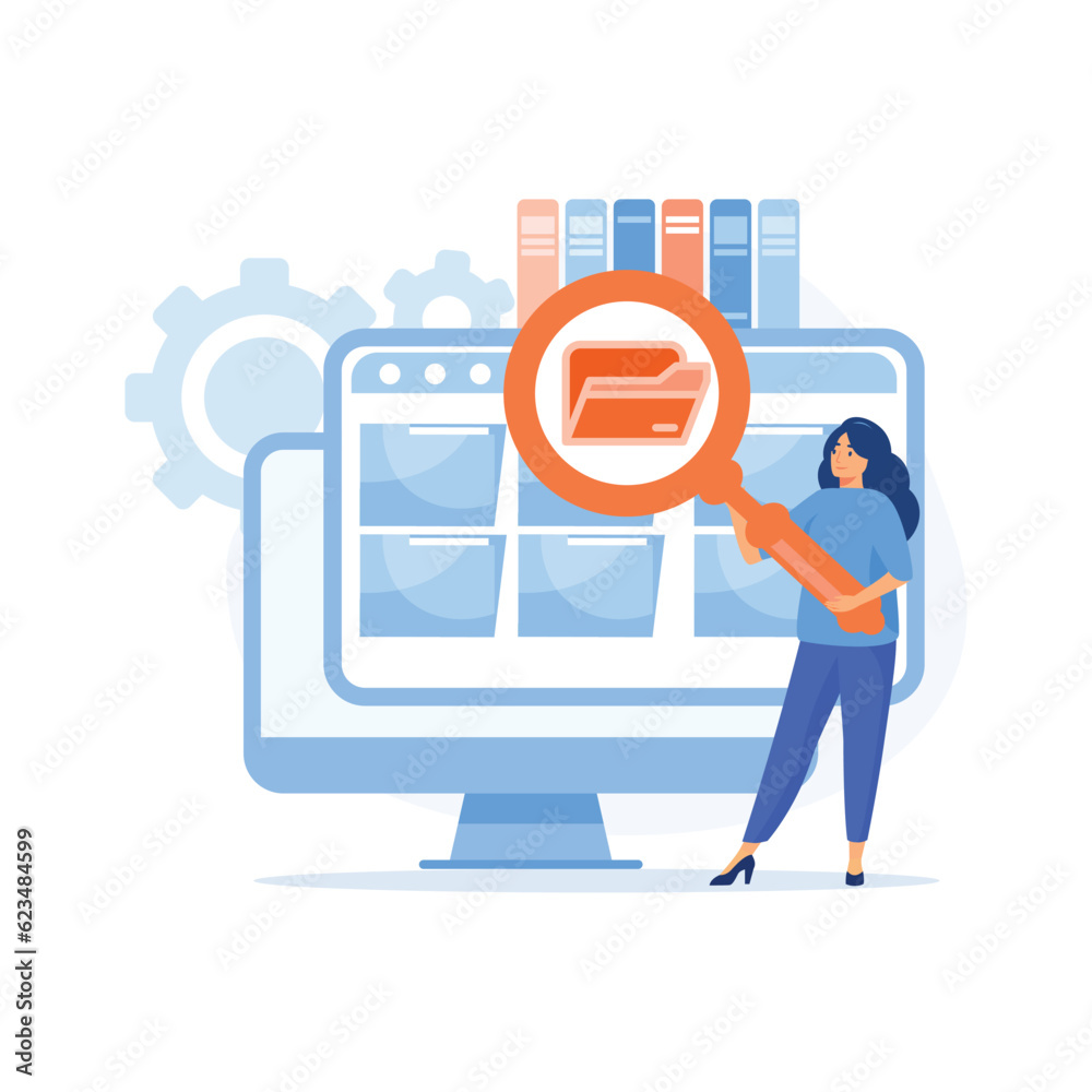 Poster file manager and data storage, employees searching and indexing file documents, flat vector modern i