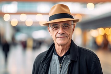 Environmental portrait photography of a glad mature man wearing a cool cap or hat against a bustling shopping mall background. With generative AI technology