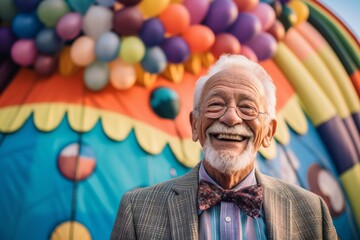 Obraz na płótnie Canvas Medium shot portrait photography of a grinning old man wearing a sleek suit against a colorful hot air balloon background. With generative AI technology